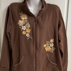 Embroidered Floral Brown Sweatshirt Jacket